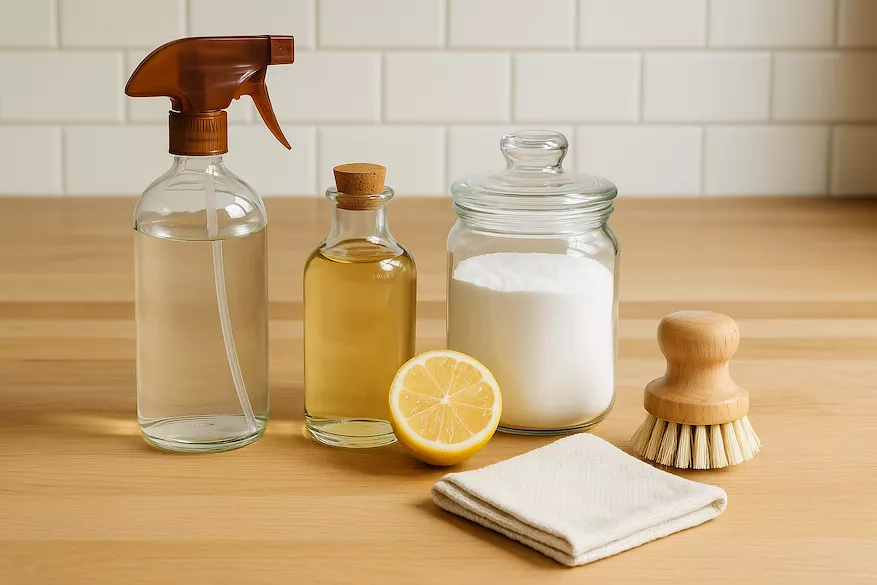“Naturliga rengöringsprodukter utan kemikalier på städbänk i kök – symboliserar grön städrutin med hållbara ingredienser och miljövänlig hemstädning”